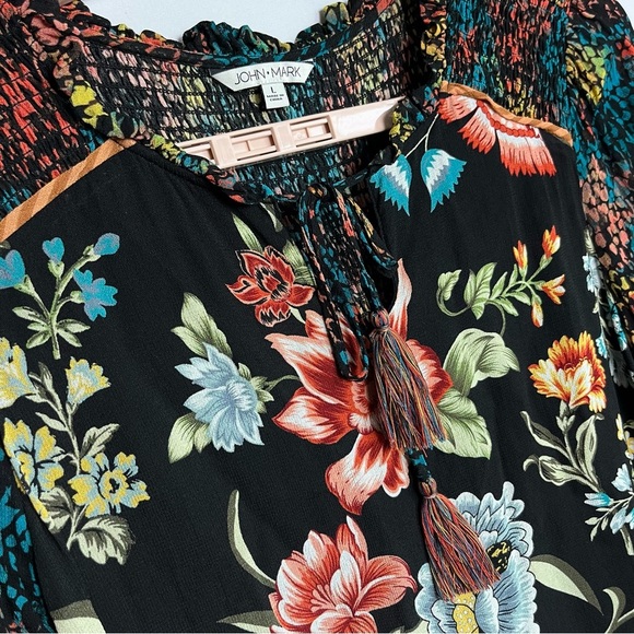 John Mark Top Sz L Mixed Print Animal Print Blouse Floral Tassel Shirring Artsy - Picture 4 of 14